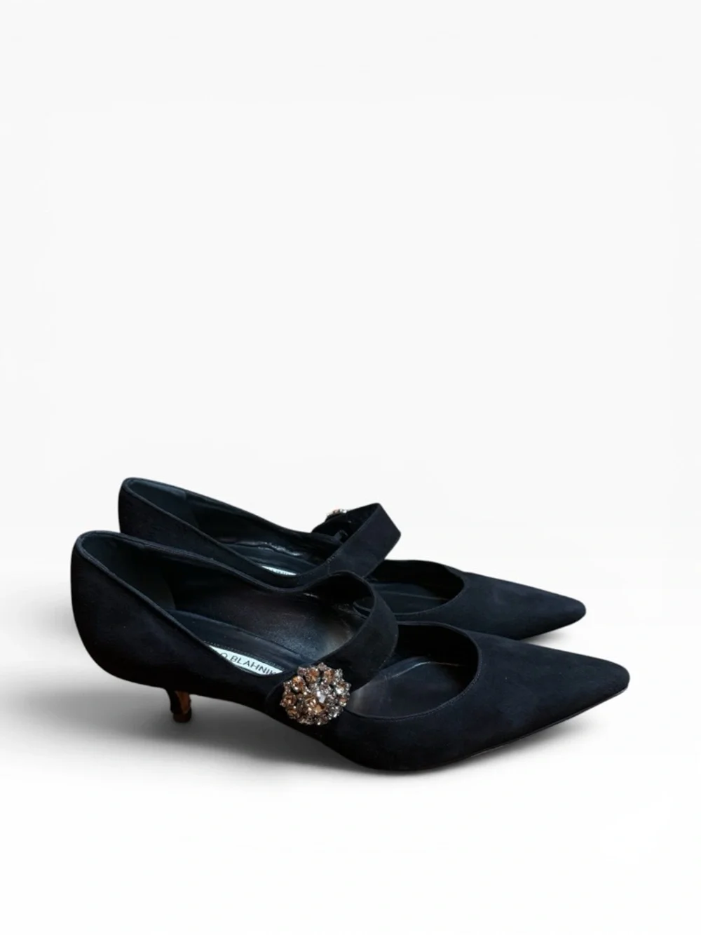 MANOLO BLAHNIK Verna Suede Crystal Buckle Mary Jane Kitten Heel Pumps EU 39 US 9